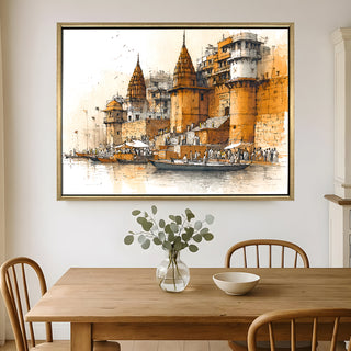 Banaras Ghats Painting Wall Art – Varanasi Riverfront with Golden Floater Frame – HD Print Large Canvas, Ready to Hang, Size: 3X4FT, (BAWA05).