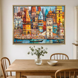 Banaras Ghats Painting Wall Art – Varanasi Riverfront with Golden Floater Frame – HD Print Large Canvas, Ready to Hang, Size: 3X4FT, (BAWA11).