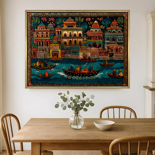 Banaras Ghats Painting Wall Art – Varanasi Riverfront with Golden Floater Frame – HD Print Large Canvas, Ready to Hang, Size: 3X4FT, (BAWA17).
