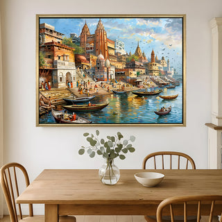 Banaras Ghats Painting Wall Art – Varanasi Riverfront with Golden Floater Frame – HD Print Large Canvas, Ready to Hang, Size: 3X4FT, (BAWA26).