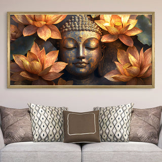 Golden Buddha with Lotus Wall Art, HD Canvas Print, Golden Box Framed, Ready to Hang, (24 In x 48 In) (BUDDHA-WA-17)