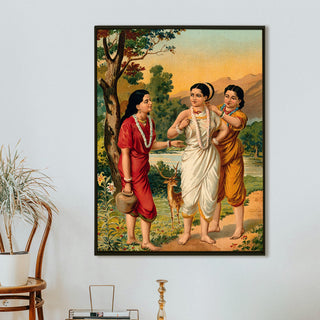 Shakuntala with Her Friends – Raja Ravi Varma Painting | HD Canvas Print | Ready to Hang | Wall Art for Bedroom, living room, Hallway (RRVWA20)
