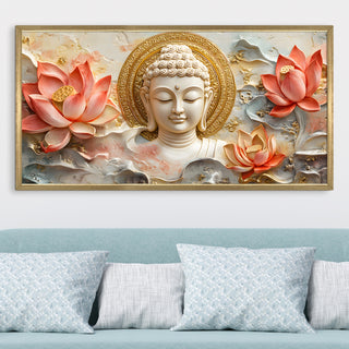 Serene Buddha & Red Lotus Wall Art, HD Canvas Print, Golden Box Framed, Ready to Hang, (24 In x 48 In) (BUDDHA-WA-25)