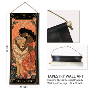 Strength Tarot Tapestry, Feminine Power & Lion Wall Hanging, Thick fabric, HD Print, Ready to Hang Wall Décor. Size 24 In x 60 In. (TAROTTPS08)