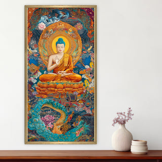 Colorful Spiritual Buddha Meditation Wall Art, HD Canvas Print, Golden Box Framed, Ready to Hang, (48 In x 24 In) (BUDDHA-WA-43)