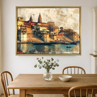 Banaras Ghats Painting Wall Art – Varanasi Riverfront with Golden Floater Frame – HD Print Large Canvas, Ready to Hang, Size: 3X4FT, (BAWA01).