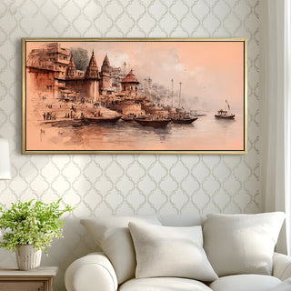 Banaras Ghats Painting Wall Art – Varanasi Riverfront with Golden Floater Frame – HD Print Large Canvas, Ready to Hang, Size: 2X4FT, (BAWA37).