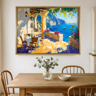 Seaside café on the cliffs of Amalfi Coast Wall Art, HD Canvas Print, Golden Floater Framed, Ready to Hang, (36 In x 48 In) (CAFE-WA-14)