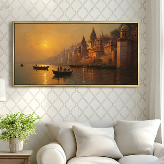 Banaras Ghats Painting Wall Art – Varanasi Riverfront with Golden Floater Frame – HD Print Large Canvas, Ready to Hang, Size: 2X4FT, (BAWA45).