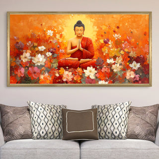 Meditating Buddha in Floral Bliss Wall Art, HD Canvas Print, Golden Box Framed, Ready to Hang, (24 In x 48 In) (BUDDHA-WA-11)