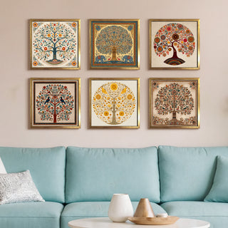 Ethnic Wall Art Set of 6 | HD Canvas Print | Ready to Hang | Golden Box Frame Panels for Home & Office Décor | Each Frame Size: 14X14 INCH (ETHF10)