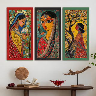 Madhubani paintings for living room. Set of 3 canvas wrapped framed madhubani art for wall decor. 12 x 24 inch x 3 frames (MDBWA002)