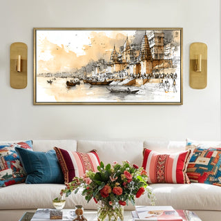 Banaras Ghats Painting Wall Art – Varanasi Riverfront with Golden Floater Frame – HD Print Large Canvas, Ready to Hang, Size: 2X4FT, (BAWA41).