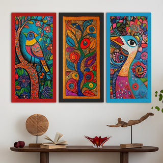 Madhubani paintings for living room. Set of 3 canvas wrapped framed madhubani art for wall decor. 12 x 24 inch x 3 frames (MDBWA005)