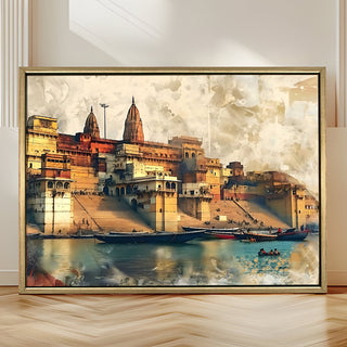 Banaras Ghats Painting Wall Art – Varanasi Riverfront with Golden Floater Frame – HD Print Large Canvas, Ready to Hang, Size: 3X4FT, (BAWA01).