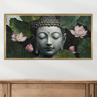 Buddha with Lotus Leaves Wall Art, HD Canvas Print, Golden Box Framed, Ready to Hang, (24 In x 48 In) (BUDDHA-WA-12)