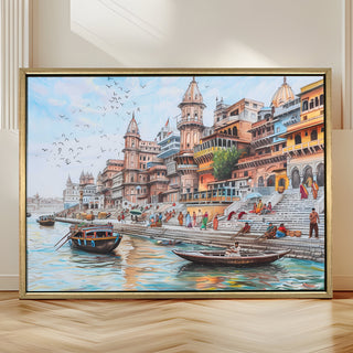 Banaras Ghats Painting Wall Art – Varanasi Riverfront with Golden Floater Frame – HD Print Large Canvas, Ready to Hang, Size: 3X4FT, (BAWA31).