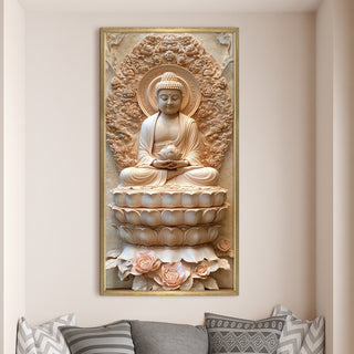 Sacred Buddha Portrait on Lotus Throne Wall Art, HD Canvas Print, Golden Box Framed, Ready to Hang, (48 In x 24 In) (BUDDHA-WA-42)