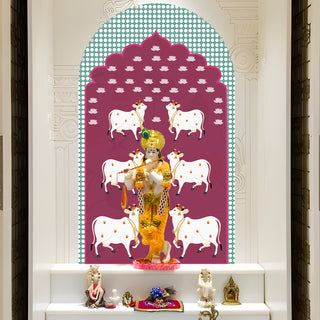 Pichwai Cow Temple Background Arch Wall Mural – Peel & Stick Cow Wallpaper – Waterproof Self Adhesive Vinyl Sticker for Living Room, Entryway – Size: 5ft x 3ft (PDAWALL08)