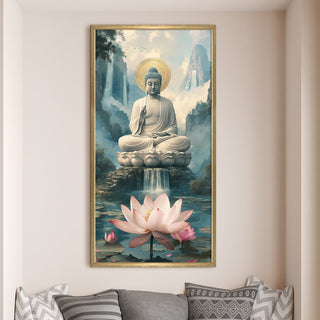 Serene Buddha Portrait with Lotus and Waterfall Wall Art, HD Canvas Print, Golden Box Framed, Ready to Hang, (48 In x 24 In) (BUDDHA-WA-38)