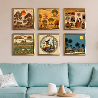 Ethnic Wall Art Set of 6 | HD Canvas Print | Ready to Hang | Golden Box Frame Panels for Home & Office Décor | Each Frame Size: 14X14 INCH (ETHF04)