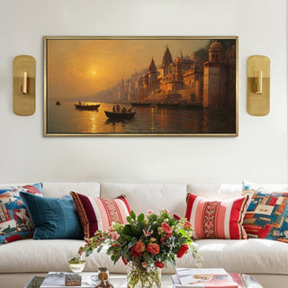 Banaras Ghats Painting Wall Art – Varanasi Riverfront with Golden Floater Frame – HD Print Large Canvas, Ready to Hang, Size: 2X4FT, (BAWA45).