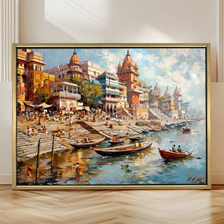 Banaras Ghats Painting Wall Art – Varanasi Riverfront with Golden Floater Frame – HD Print Large Canvas, Ready to Hang, Size: 3X4FT, (BAWA15).