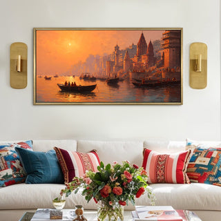 Banaras Ghats Painting Wall Art – Varanasi Riverfront with Golden Floater Frame – HD Print Large Canvas, Ready to Hang, Size: 2X4FT, (BAWA39).