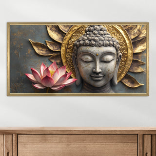Divine Buddha & Lotus Blossom Wall Art, HD Canvas Print, Golden Box Framed, Ready to Hang, (24 In x 48 In) (BUDDHA-WA-10)
