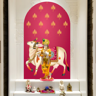 Pichwai Cow Temple Background Arch Wall Mural – Peel & Stick Cow Wallpaper – Waterproof Self Adhesive Vinyl Sticker for Living Room, Entryway – Size: 5ft x 3ft (PDAWALL04)