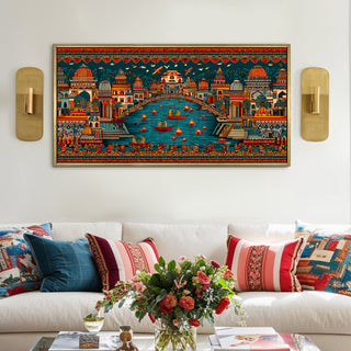 Banaras Ghats Painting Wall Art – Varanasi Riverfront with Golden Floater Frame – HD Print Large Canvas, Ready to Hang, Size: 2X4FT, (BAWA32).