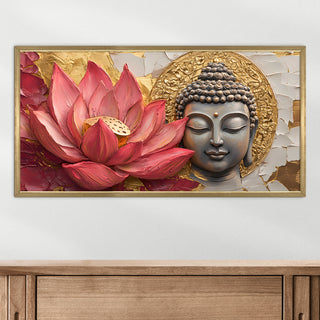 Buddha with Red Lotus Wall Art, HD Canvas Print, Golden Box Framed, Ready to Hang, (24 In x 48 In) (BUDDHA-WA-09)