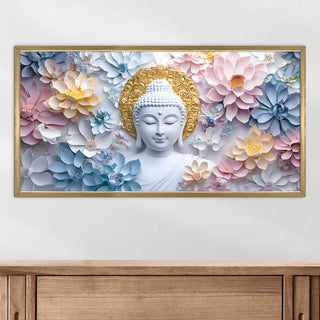 Buddha with Pastel Lotus Wall Art, HD Canvas Print, Golden Box Framed, Ready to Hang, (24 In x 48 In) (BUDDHA-WA-04)
