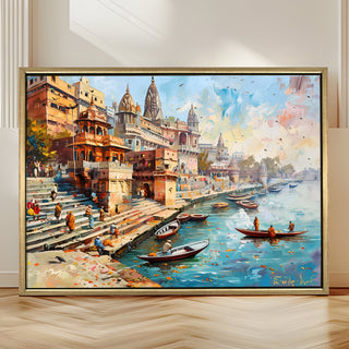 Banaras Ghats Painting Wall Art – Varanasi Riverfront with Golden Floater Frame – HD Print Large Canvas, Ready to Hang, Size: 3X4FT, (BAWA28).