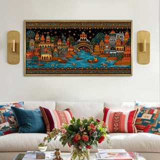 Banaras Ghats Painting Wall Art – Varanasi Riverfront with Golden Floater Frame – HD Print Large Canvas, Ready to Hang, Size: 2X4FT, (BAWA36).