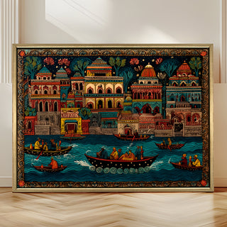 Banaras Ghats Painting Wall Art – Varanasi Riverfront with Golden Floater Frame – HD Print Large Canvas, Ready to Hang, Size: 3X4FT, (BAWA17).