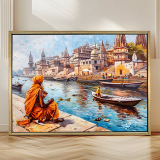 Banaras Ghats Painting Wall Art – Varanasi Riverfront with Golden Floater Frame – HD Print Large Canvas, Ready to Hang, Size: 3X4FT, (BAWA23).