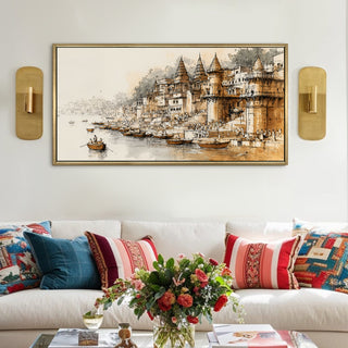 Banaras Ghats Painting Wall Art – Varanasi Riverfront with Golden Floater Frame – HD Print Large Canvas, Ready to Hang, Size: 2X4FT, (BAWA33).