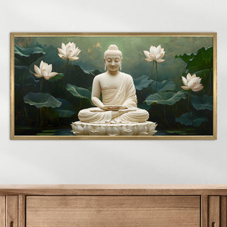 White Buddha with Lotus Pond Wall Art, HD Canvas Print, Golden Box Framed, Ready to Hang, (24 In x 48 In) (BUDDHA-WA-16)