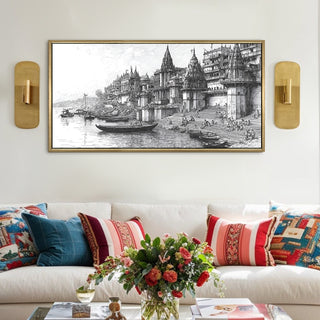 Banaras Ghats Painting Wall Art – Varanasi Riverfront with Golden Floater Frame – HD Print Large Canvas, Ready to Hang, Size: 2X4FT, (BAWA34).