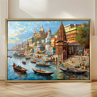 Banaras Ghats Painting Wall Art – Varanasi Riverfront with Golden Floater Frame – HD Print Large Canvas, Ready to Hang, Size: 3X4FT, (BAWA29).