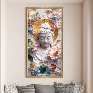 Serene White Buddha Portrait Wall Art, HD Canvas Print, Golden Box Framed, Ready to Hang, (48 In x 24 In) (BUDDHA-WA-31)