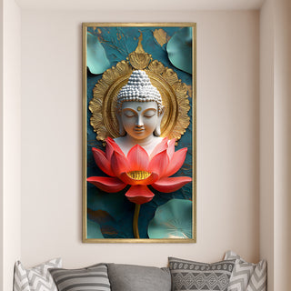 Buddha Portrait with Lotus Wall Art, HD Canvas Print, Golden Box Framed, Ready to Hang, (48 In x 24 In) (BUDDHA-WA-27)