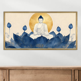 Blue Lotus Buddha Wall Art, HD Canvas Print, Golden Box Framed, Ready to Hang, (24 In x 48 In) (BUDDHA-WA-14)