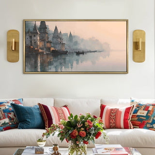 Banaras Ghats Painting Wall Art – Varanasi Riverfront with Golden Floater Frame – HD Print Large Canvas, Ready to Hang, Size: 2X4FT, (BAWA38).