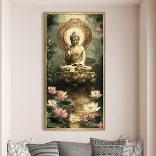 Golden Buddha Portrait with Lotus Pond Wall Art, HD Canvas Print, Golden Box Framed, Ready to Hang, (48 In x 24 In) (BUDDHA-WA-40)
