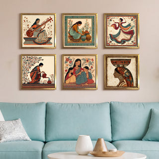 Ethnic Wall Art Set of 6 | HD Canvas Print | Ready to Hang | Golden Box Frame Panels for Home & Office Décor | Each Frame Size: 14X14 INCH (ETHF03)