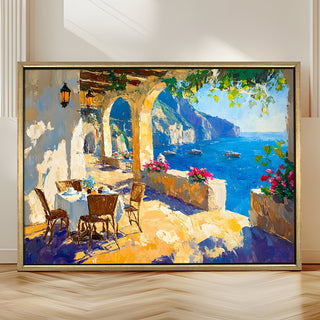 Seaside café on the cliffs of Amalfi Coast Wall Art, HD Canvas Print, Golden Floater Framed, Ready to Hang, (36 In x 48 In) (CAFE-WA-14)