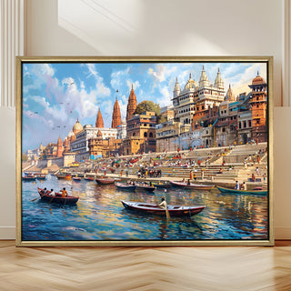 Banaras Ghats Painting Wall Art – Varanasi Riverfront with Golden Floater Frame – HD Print Large Canvas, Ready to Hang, Size: 3X4FT, (BAWA27).