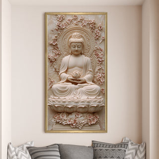 Serene Buddha with Lotus Portrait Wall Art, HD Canvas Print, Golden Box Framed, Ready to Hang, (48 In x 24 In) (BUDDHA-WA-33)